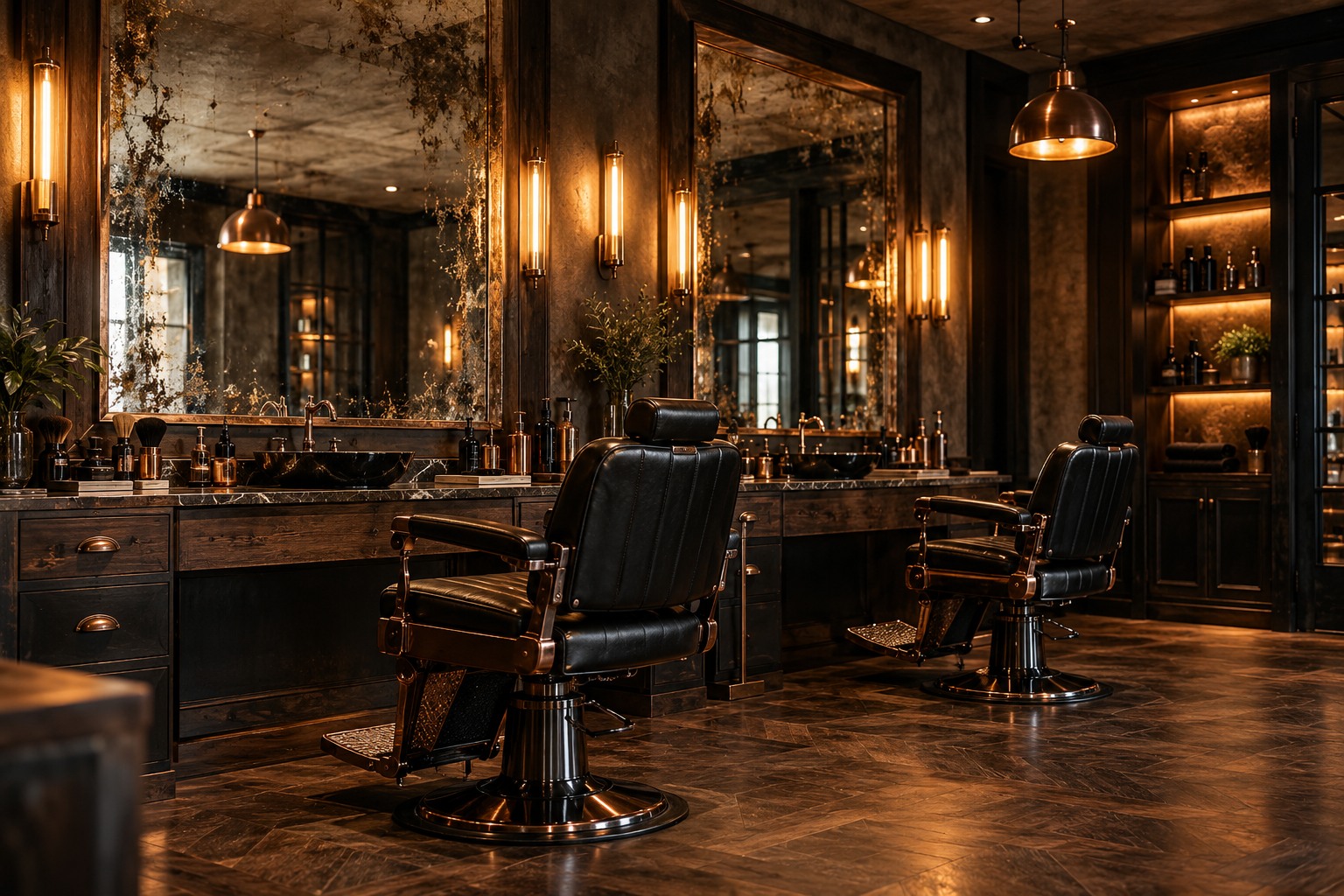 Tmavý prémiový barbershop s koženými kreslami